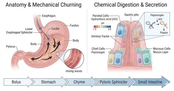 Medical illustration of the human stomach anatomy showing a cross-section of the gastric digestion process, including gastric acid mixing with food to form chyme.