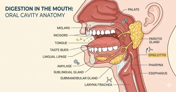 Medical anatomical chart illustrating the oral cavity structures involved in digestion, highlighting the salivary glands, teeth, tongue, and epiglottis.