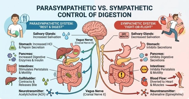 A medical infographic diagram showing the autonomic nervous system's control over digestion. It maps the vagus nerve's path from the brain to the stomach and intestines, contrasting the 'fight-or-flight' response that slows down digestion with the 'rest-and-digest' response that stimulates acid and movement.