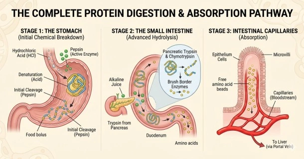 An educational medical infographic charting the step-by-step stages of protein digestion, showing stomach acid denaturation, pancreatic enzyme hydrolysis in the small intestine, and free amino acid absorption into blood capillaries.