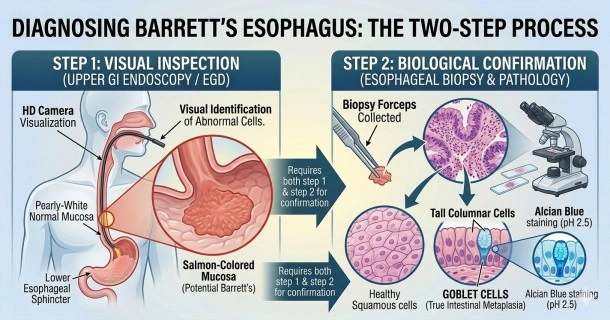Medical infographic outlining the diagnosis of Barrett's esophagus, displaying the upper GI endoscopy procedure path next to tissue layers highlighting goblet cells under a microscope.