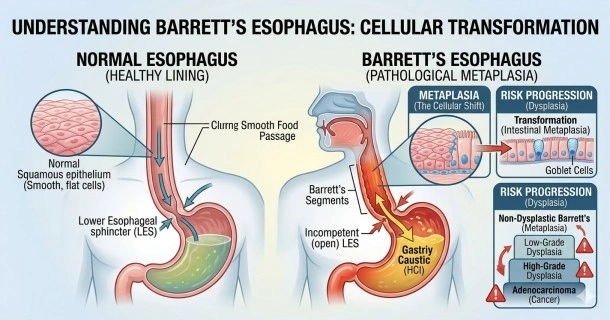 Medical illustration comparing a healthy esophagus to Barrett's esophagus, showing normal pink stratified squamous cells shifting to dark red metaplastic columnar tissue due to chronic acid reflux.