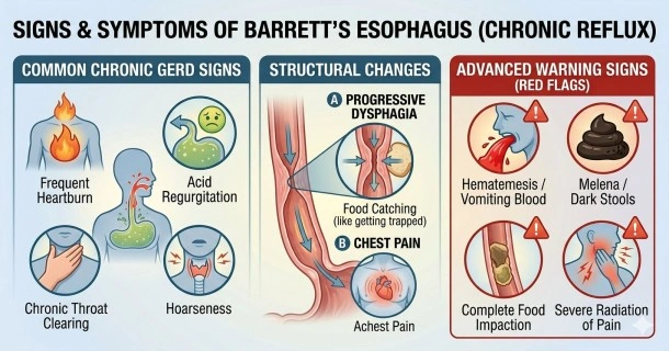 Medical infographic outlining symptoms associated with Barrett's esophagus, distinguishing between typical chronic acid reflux symptoms and critical advanced red-flag warning signs.