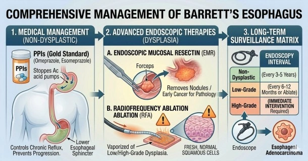 Medical infographic detailing Barrett's esophagus treatment strategies, illustrating acid suppression with PPI medications, endoscopic therapies like EMR and RFA ablation, and a clinical surveillance interval chart.