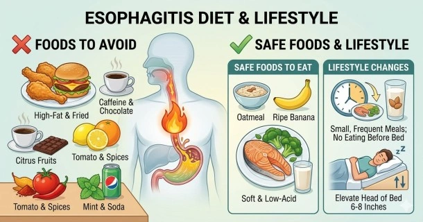 Medical infographic showing an esophagitis diet chart, splitting foods into trigger items to avoid like coffee and fried foods versus safe, soothing soft items like oatmeal and bone broth.