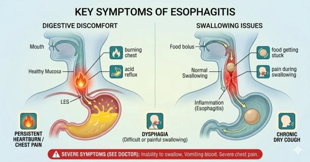 Medical infographic detailing key symptoms of esophagitis, including chest pain, acid reflux, dysphagia, and painful swallowing.