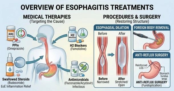 Medical infographic showing treatments for esophagitis, split into medical therapies like PPIs, H2 blockers, and antimicrobial pills, alongside clinical procedures like esophageal dilation and fundoplication surgery.