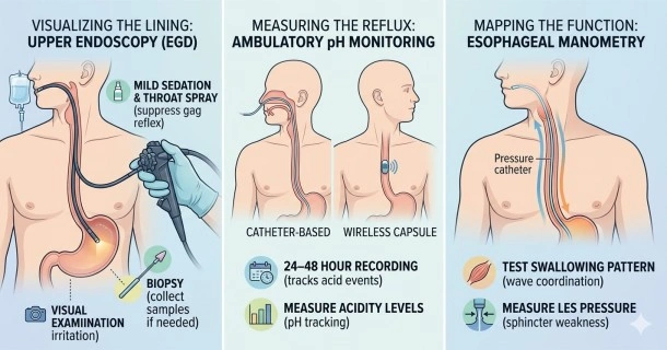 Medical infographic split into three panels illustrating an upper endoscopy (EGD) with sedation, ambulatory pH monitoring using catheter or wireless options, and esophageal manometry mapping muscle coordination.