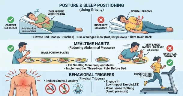 Medical infographic showing effective lifestyle changes for GERD, illustrating correct torso elevation using a wedge pillow for sleeping and practicing healthy small meal portions away from bedtime.