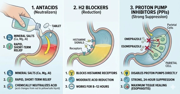 Medical infographic mapping how different GERD medications work, showing antacids neutralizing stomach acid, H2 blockers lowering production signals, and PPIs disabling proton pumps directly.