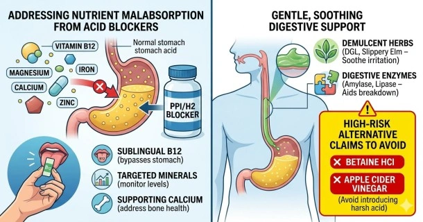 Medical infographic split into two panels illustrating how long-term PPI acid-suppressive therapy can affect micronutrient absorption versus safe, supportive choices under healthcare provider guidance.