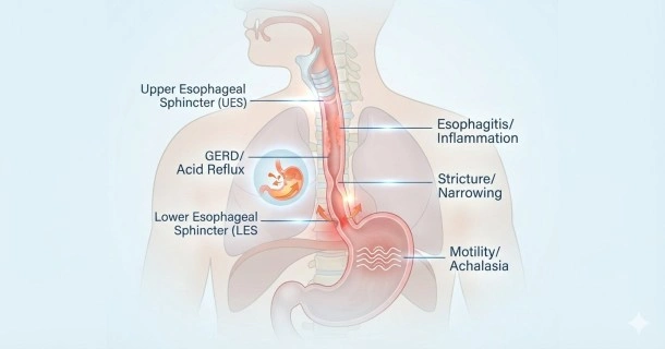 A medical infographic showing a cross-section of the human upper digestive system, highlighting the upper esophageal sphincter, the esophagus tube, and the lower esophageal sphincter connecting to the stomach.