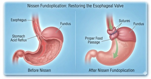 Medical illustration of a Nissen fundoplication procedure showing the stomach fundus wrapped around the lower esophagus to treat GERD.
