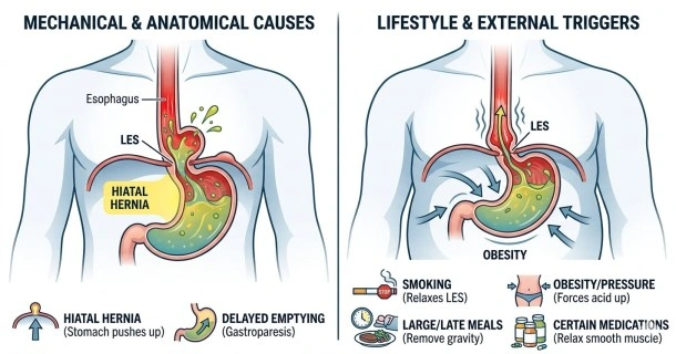 Medical infographic detailing the causes of GERD, contrasting mechanical anatomical factors like a hiatal hernia and abdominal pressure against lifestyle triggers such as large late-night meals, smoking, and medication use.