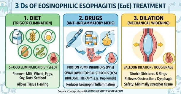 Infographic displaying the 3 Ds of Eosinophilic Esophagitis treatment: 1. Diet detailing the six-food elimination plan, 2. Drugs showing anti-inflammatory medications like PPIs and topical steroids, and 3. Dilation illustrating mechanical widening of strictures.