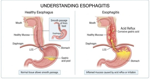 Medical illustration comparing a healthy esophagus to an inflamed esophagus with esophagitis caused by acid reflux.