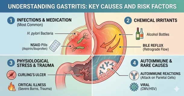 • A medical graphic breaking down the four main categories of gastritis causes, including H. pylori infections, NSAID use, chemical irritants, and physiological stress.