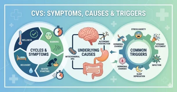 • Medical infographic detailing Cyclic Vomiting Syndrome (CVS) causes and triggers, highlighting the brain-gut connection, stress pathways, genetics, and lifestyle triggers.