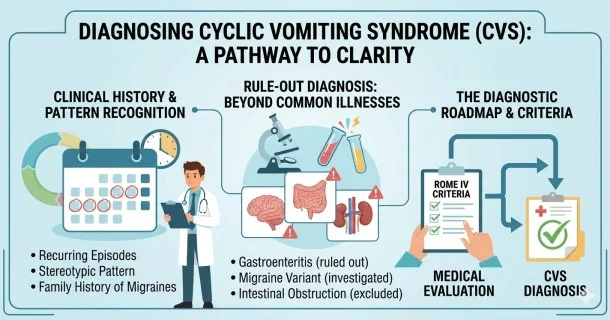 • Medical infographic diagram outlining the dual diagnostic approach for Cyclic Vomiting Syndrome (CVS), highlighting the Rome IV clinical criteria checklist alongside necessary differential diagnosis tests to rule out metabolic, structural, and neurological conditions.