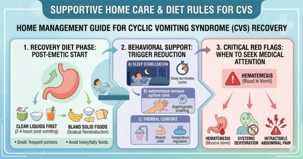 • Comprehensive medical infographic illustrating supportive care home remedies and clinical dietary steps for Cyclic Vomiting Syndrome (CVS), emphasizing hydration management, trigger mapping, and thermal relief methods.
