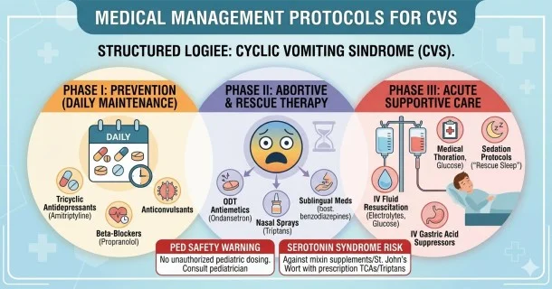 • Medical infographic diagram detailing the three clinical management pathways for Cyclic Vomiting Syndrome (CVS), showcasing daily prevention, abortive rescue therapy, and inpatient acute supportive care alongside crucial safety warnings.