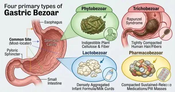 Medical infographic depicting the four primary variations of stomach bezoars: phytobezoar plant fiber masses, human trichobezoar hairballs, infant lactobezoar milk aggregates, and pharmacobezoar medication masses.