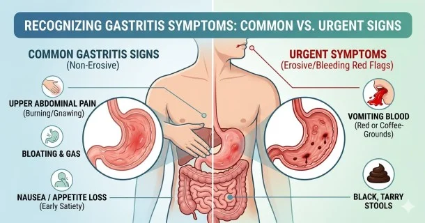 • A medical anatomical graphic illustrating common gastritis symptoms, contrasting early flare-up warning signs like burning upper stomach pain with severe erosive bleeding zones.