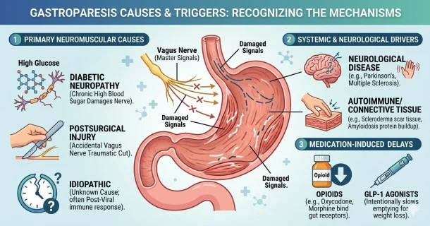 • A medical infographic mapping the causes of gastroparesis, detailing primary pathways like diabetic nerve damage alongside secondary systemic drivers and drug-induced delays.