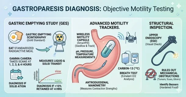 A • medical infographic demonstrating the core diagnostic methods for gastroparesis, contrasting a 4-hour gastric emptying scintigraphy study with a wireless tracking capsule.