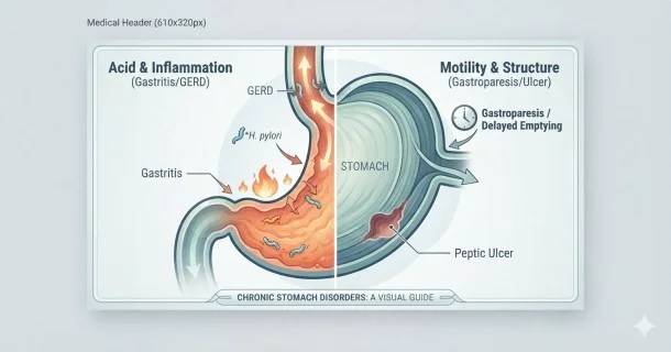 • A professional medical illustration of a human stomach with an inner lining view, highlighting gastrointestinal health and common stomach disorders.