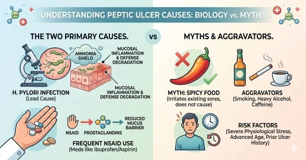 • A medical infographic illustrating the causes of peptic ulcer disease, contrasting primary biological triggers like H. pylori and NSAIDs against common lifestyle aggravators and myths.