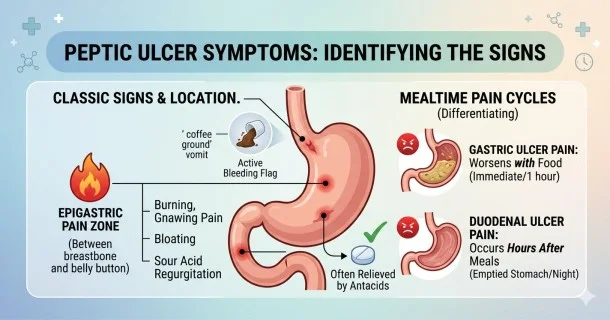 • A medical infographic mapping peptic ulcer symptoms, detailing classic pain-food timelines for gastric and duodenal ulcers alongside urgent warning signs like GI bleeding.