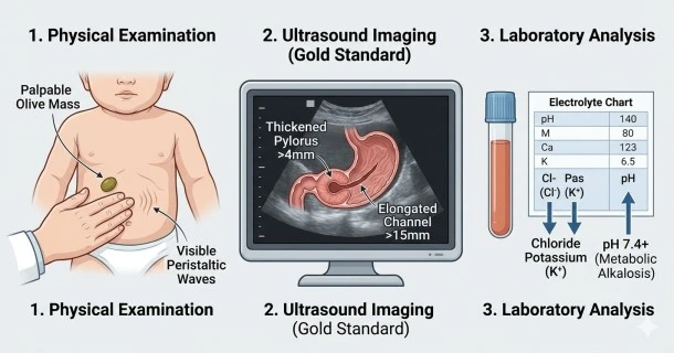 Medical diagram showcasing the three main diagnostic steps for pyloric stenosis: physical exam for an olive mass, abdominal ultrasound imaging, and lab work showing electrolyte levels.