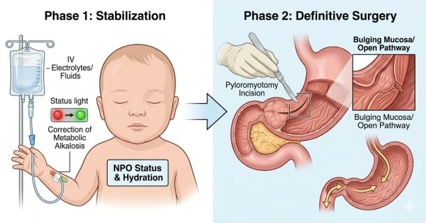Medical infographic depicting the management of pyloric stenosis: preoperative stabilization using IV fluid resuscitation followed by a definitive Ramstedt pyloromyotomy surgery.