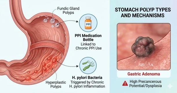 • Medical illustration showing the inside of a stomach, contrasting fundic gland polyps, hyperplastic polyps, and an adenoma on the mucosal lining.