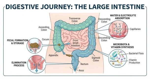 A medically accurate, color-coded diagram of the human large intestine illustrating the cecum, appendix, colon sections (ascending, transverse, descending, sigmoid), and the rectum.