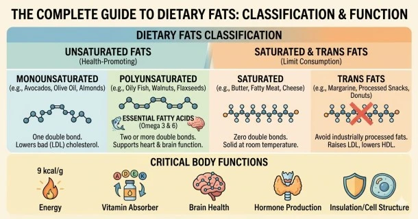 An educational medical chart classifying dietary lipids into healthy unsaturated fats versus saturated and trans fats, highlighting critical biological functions like energy production and brain health.