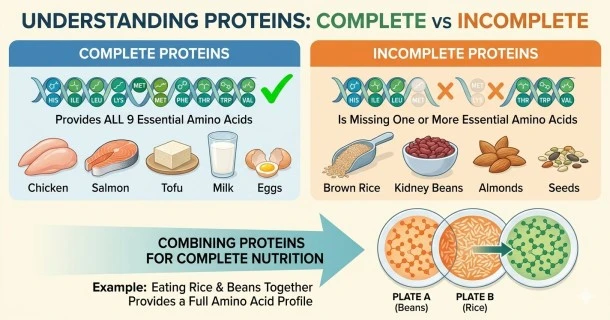 An educational medical chart comparing complete proteins providing all 9 essential amino acids to incomplete plant proteins, with an illustration of combining rice and beans for a full amino acid profile.