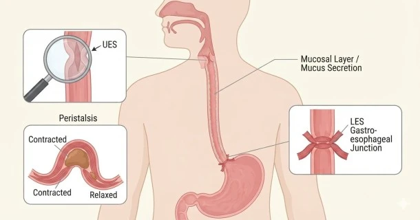 Medical illustration showing the anatomy of the human esophagus, upper and lower esophageal sphincters, and the path of food to the stomach.