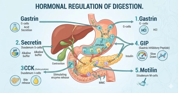 Medical infographic diagram showing the organs of the human digestive system and where primary gastrointestinal hormones like Gastrin, Secretin, and CCK are produced.