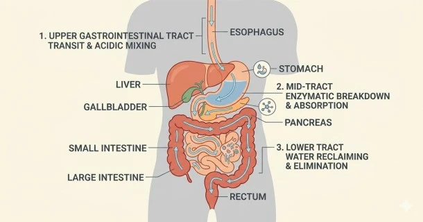 Medical diagram mapping the human digestive system organs and functions, divided into the upper, mid, and lower gastrointestinal tracts.