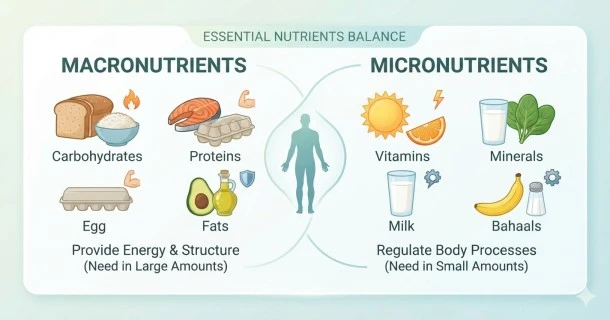A comparative infographic visual showing the 6 essential classes of nutrients, splitting macronutrients like healthy fats, proteins, and grains with micronutrient sources like fresh fruits and leafy greens.