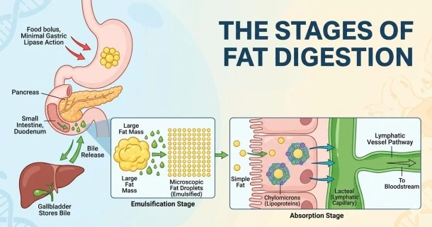 A multi-stage medical diagram illustrating the fat digestion process: minimal lipase action in the stomach, active bile emulsification in the small intestine duodenum, and chylomicron packaging into intestinal lacteals.