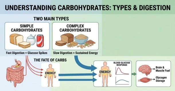 A comparative infographic showing simple carbohydrates leading to fast digestion and glucose spikes versus complex carbohydrates leading to slow digestion, sustained energy, and glycogen storage.