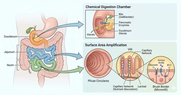 Medical diagram of the small intestine showing the duodenum, jejunum, and ileum, with callouts illustrating plicae circulares, intestinal villi, and microvilli.