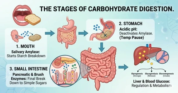 A medical infographic diagram showing the stages of carbohydrate digestion: salivary amylase in the mouth, acid inactivation in the stomach, enzyme breakdown in the small intestine, and blood glucose regulation by the liver.