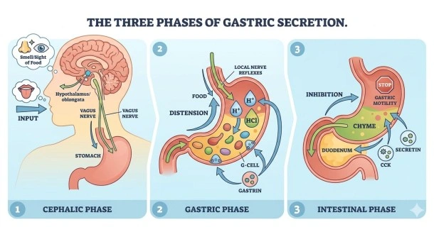 Medical diagram explaining the three phases of gastric secretion: cephalic (brain triggers), gastric (stomach stretching), and intestinal (duodenal inhibition).