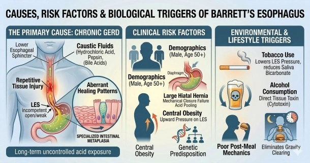Medical infographic explaining the causes of Barrett's esophagus, showing how a weakened LES allows stomach acid, pepsin, and bile acids to trigger intestinal metaplasia, alongside key clinical risk factors.