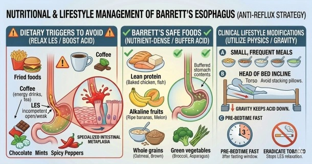 Medical infographic detailing a Barrett's esophagus diet chart, contrasting acid reflux triggers to avoid like fried foods and coffee with safe alkaline foods and lifestyle remedies.