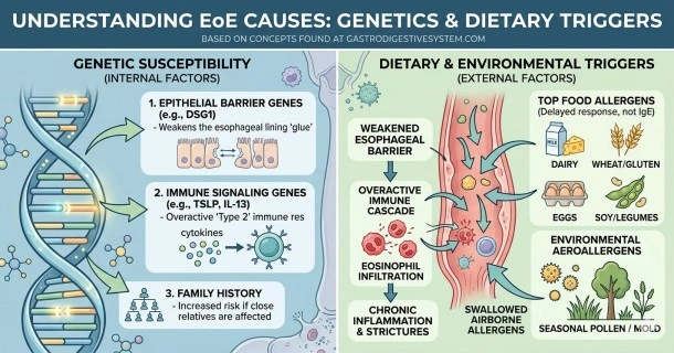 Infographic displaying the causes of Eosinophilic Esophagitis, illustrating dietary triggers like milk and wheat, environmental elements like pollen, and genetic risks showing a weakened esophageal barrier.